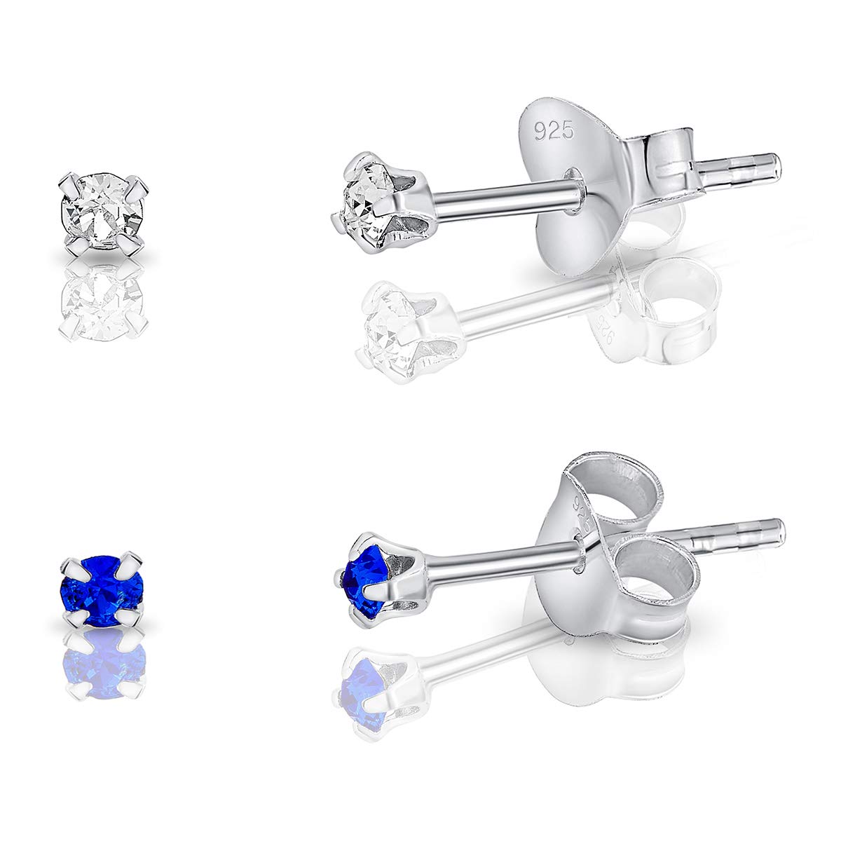 DTPSilver - Set of 2 PAIRS of 925 Sterling Silver Round TINY Stud Earrings made with Glittering Crystals from Swarovski® Elements - Diameter: 2 mm - Colour : Majectic Blue