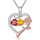 KQ&TTENG Birthstone Necklaces for Women - Rose Flower Heart Pendant Necklace with Double Birthstone Jewelry Anniversary Birthday Gifts for Her Wife Girlfriend Mom