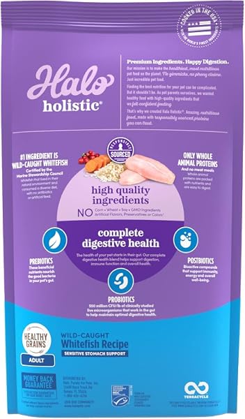 HALO HOLISTIC CAT FOOD WILD CAUGHT WHITEFISH FORMULA, HEALTHY GRAINS DRY CAT FOOD, FOR SENSITIVE STOMACH SUPPORT, KIBBLE FOR ADULT CATS, 6 LB BAG