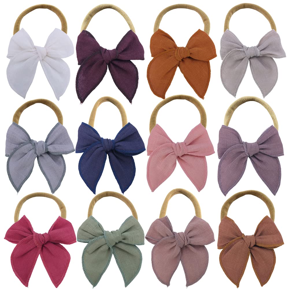 12 Pcs Linen Fable Bow Nylon Headband for Newborn Infant Toddler Mini Hair Bow Elastic Bands Baby Girls Headbands
