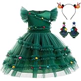 LTOWS Kids Christmas Tree Dress Costume for Girls Xmas Outfit with headband Glasses