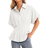 Cicy Bell Womens Pleated Button Down Blouse Summer Cuffed Short Sleeve Peplum Tops Casual Dressy Fitted Waist Shirts