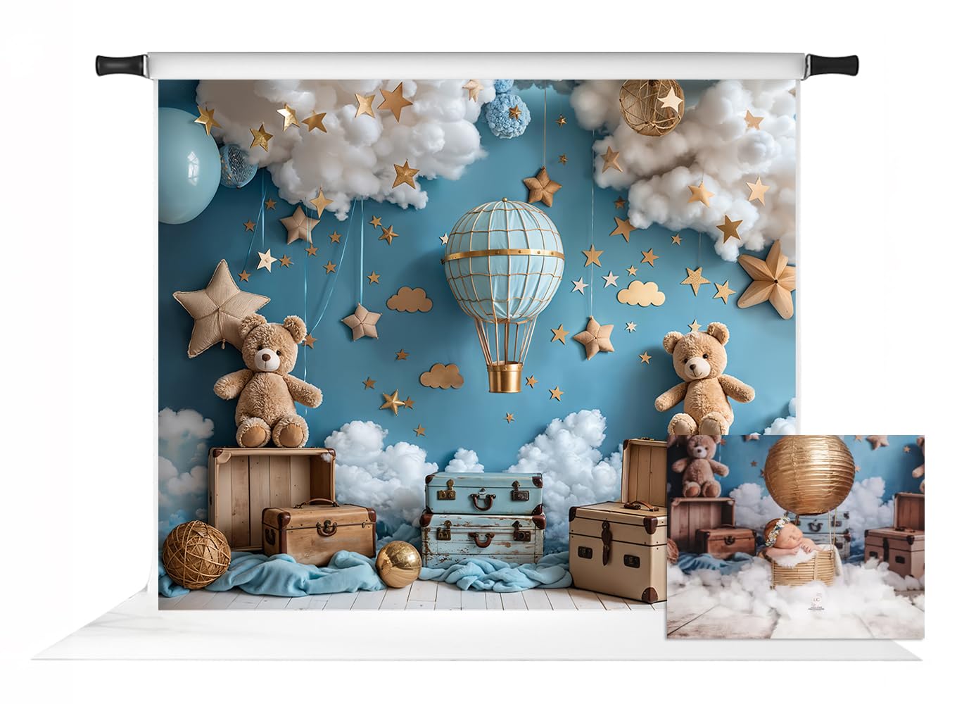 Kate Hot Air Balloon Backdrop for 1st Birthday Party Cartoon Teddy Bear ...
