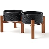 SPUNKYJUNKY Ceramic Elevated Dog Bowl Set with Acacia Wood Stand for Food and Water for Small Medium Sized Dogs (28.74 OZ, Black, Dog Paw Pattern)