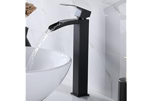 VC CUCINE VCCUCINE Vessel Sink Faucet Black, Single Handle Single Hole Waterfall Rv Bathroom Faucet, Tall Lavatory Vanity Sink Faucets with Pop Up Drain and Two 3/8" Hoses