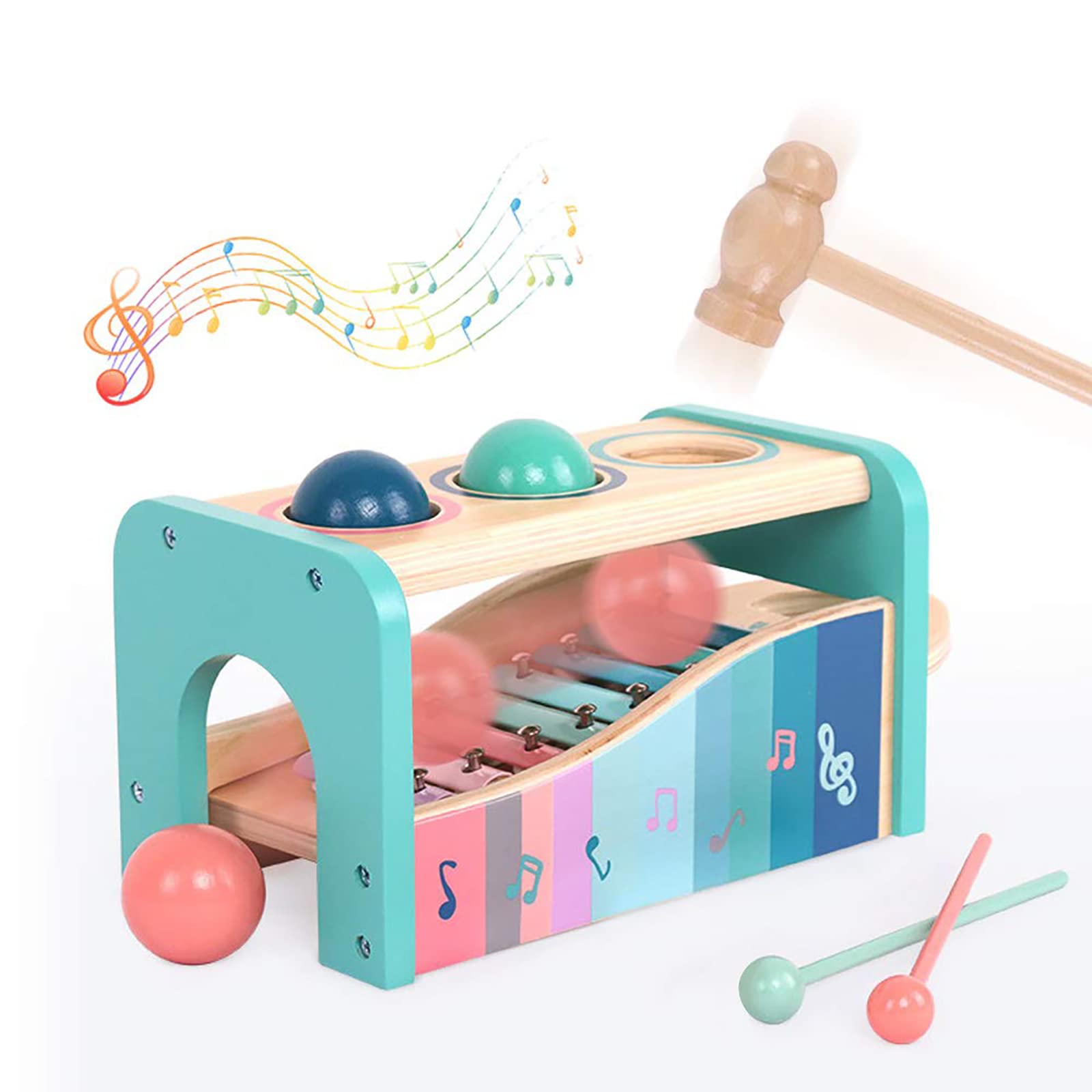 NUKied Pound A Ball Toy with Slide Out Xylophone Pounding Toys Wooden Pounding Bench Toy Wooden Hammer Ball Toys Xylophone Set Montessori Musical Toyset for Toddlers