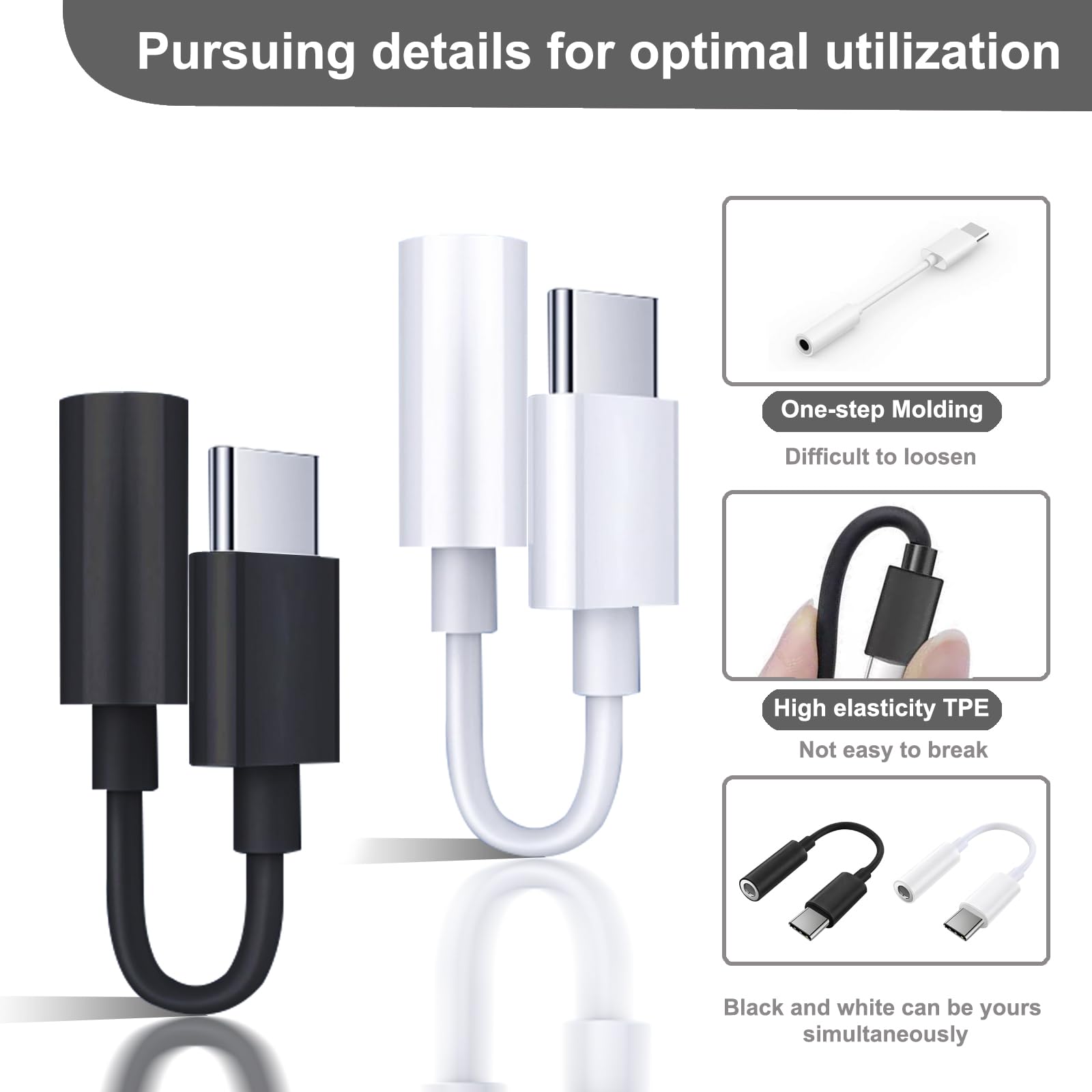 2 Pack USB C to 3.5mm Headphone Jack Adapter, Hi-Fi DAC Audio Converter with Microphone, Compatible with iPhone 15/Pro, Samsung Galaxy, iPad Pro, MacBook, Pixel, Black & White