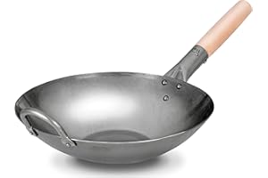 Craft Wok Flat Hand Hammered Carbon Steel Pow Wok with Wooden and Steel Helper Handle (12 Inch, Flat Bottom) / 731W316-12in