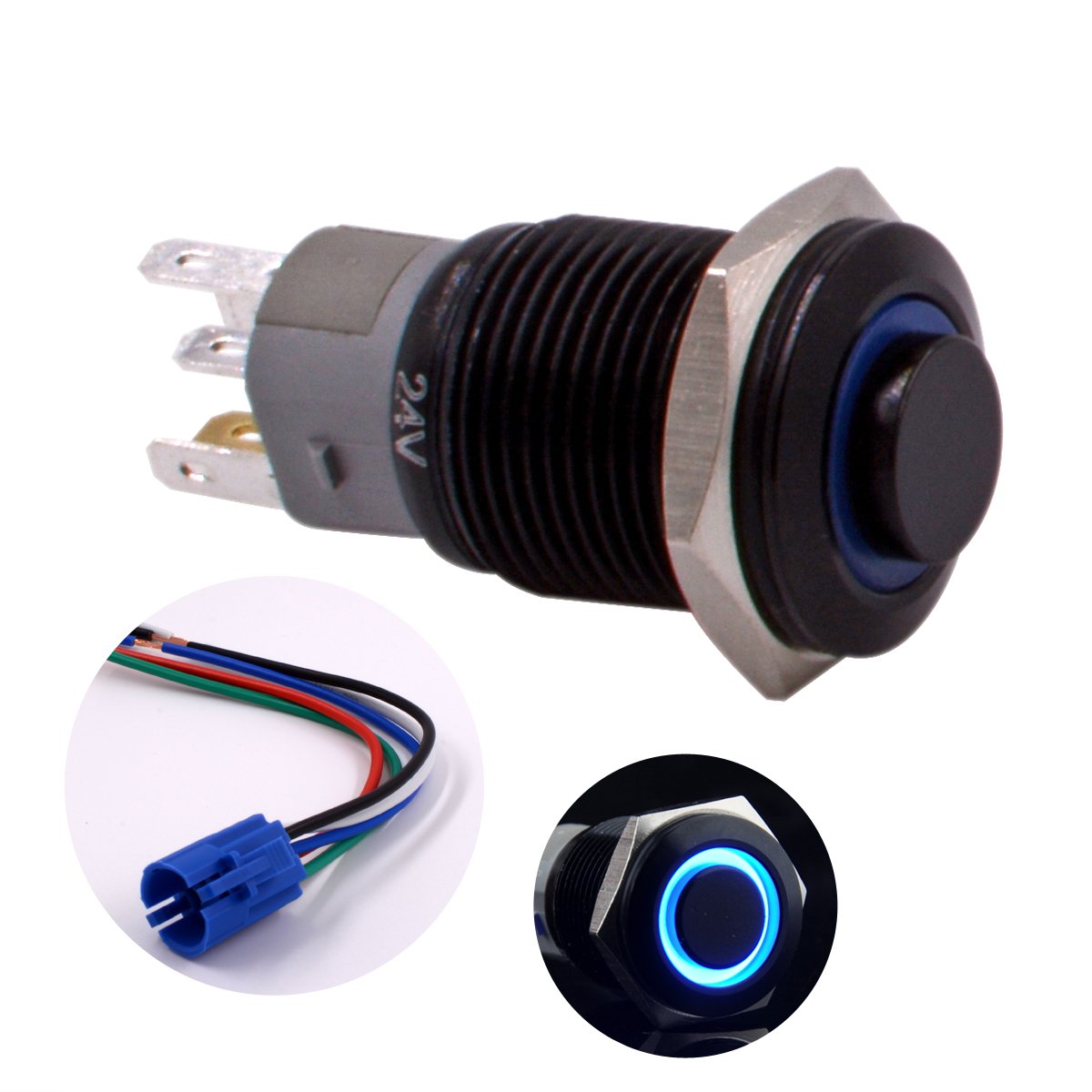 Momentary Push Button Switch, URTONE UR168, 1NO1NC Black Metal Shell with 24V Blue LED Ring Suitable for 16mm 5/8" Mounting Hole, Include Socket