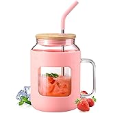 WINSA 50 oz Glass Water Bottles with Silicone Sleeve,Glass Tumbler with Lid and Straw,Iced Coffee Cup with Handle,BPA Free-Pink