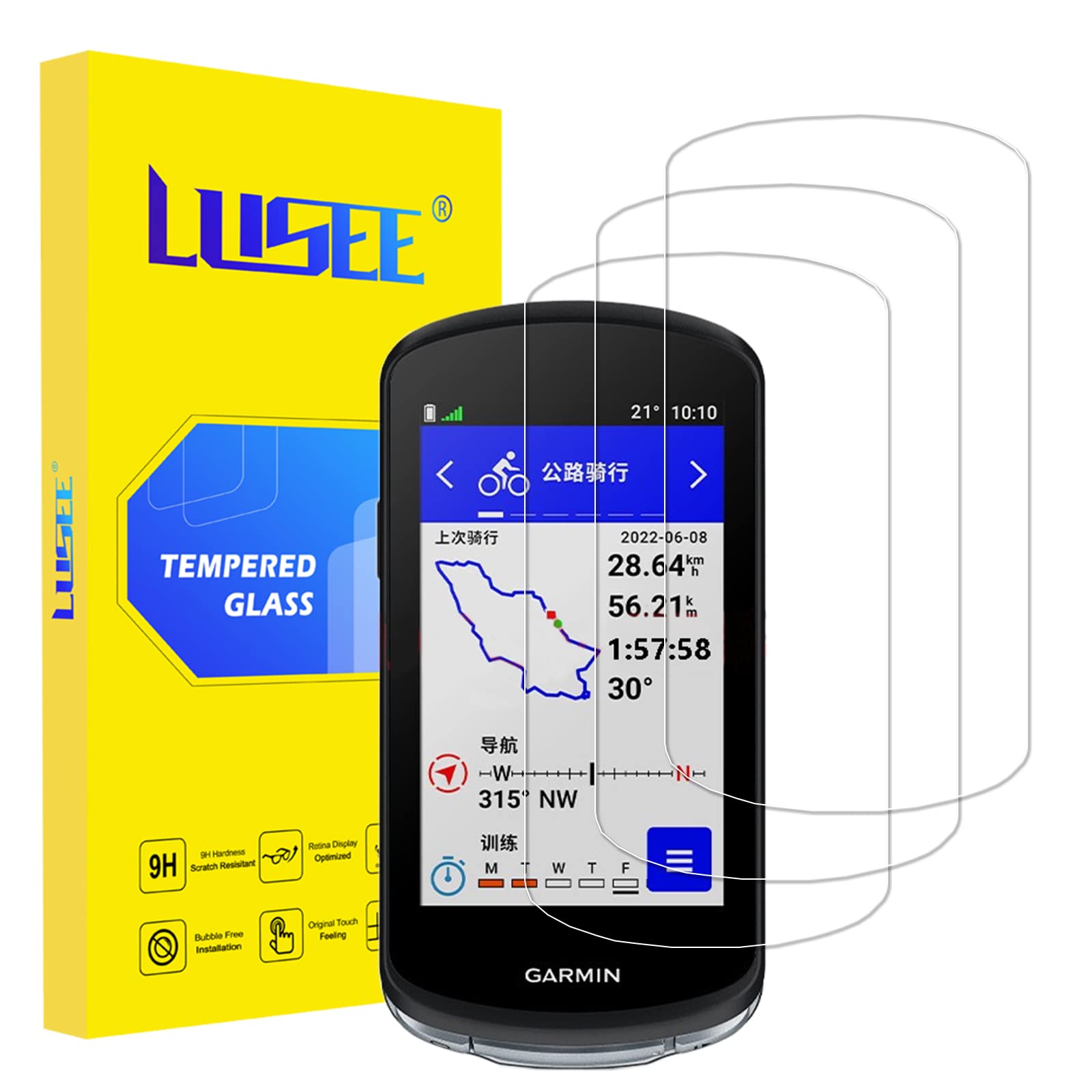 Lusee 3 Pack Screen Protector Compatible with Garmin Edge 1040/1040 Solar / 1030/1030 Plus Tempered Glass [9H Hardness] [HD Clear] [Case friendly] Anti Scratch 2.5D Display Protective Film