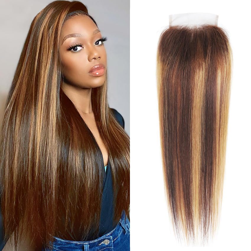 Arenshxc 4x4 Lace Closure Human Hair Ombre Chocolate Brown to Caramel Blonde Wavy 10 inches #P4/27 — image 1