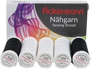 Ackermann 5X 200m UNIVERSAL NÄHGARN (Allesnäher), Stärke 120, 100% Polyester, reißfest (3X Weiß + 2X Schwarz)