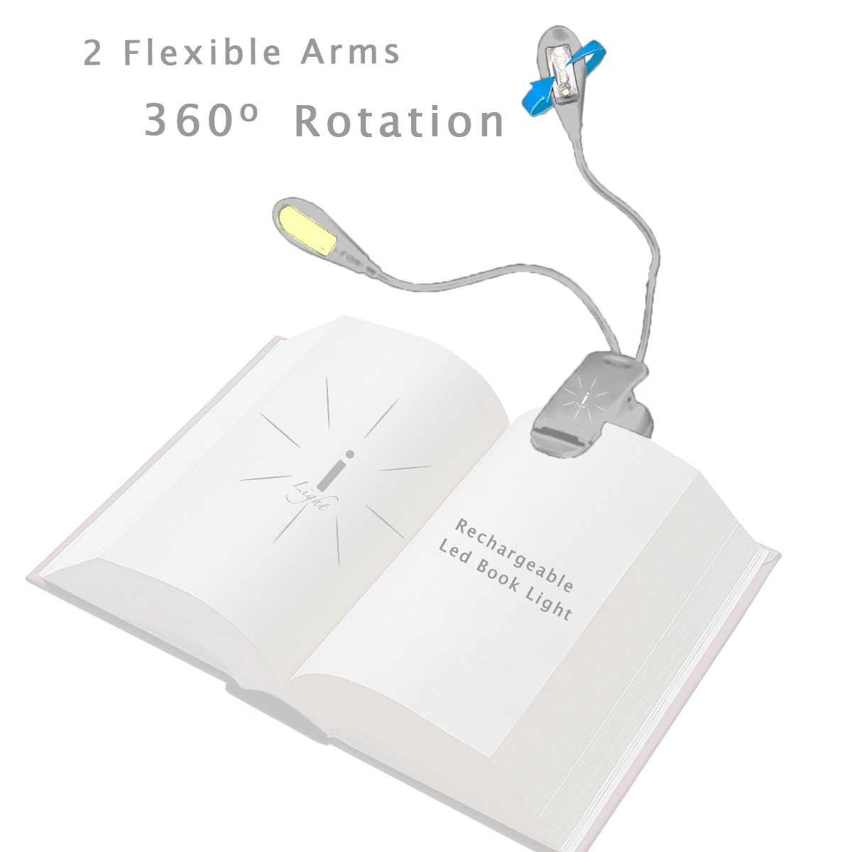 iLight Rechargeable Eye-Care Warm Book Light, Clip On Bed Reading Light, Music Stand Lamp, 8 LED, 5 Brightness, 2 Goosenecks Light Up 2 Full Pages. Perfect For Bookworms, Reading, Working or Studying