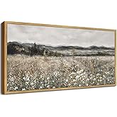 SHENIFY 20x40in Extra Large Vintage Framed Wall Art Meadow with Flowers Landscape Painting Retro Scenery Farmhouse Bedroom Above of Bed Living Room Decor - Natural Framed