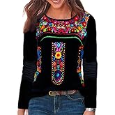 Melliflo Long Sleeve Mexican Shirts for Women Floral Embroidered Peasant Blouse Ethnic Style Boho T-Shirts