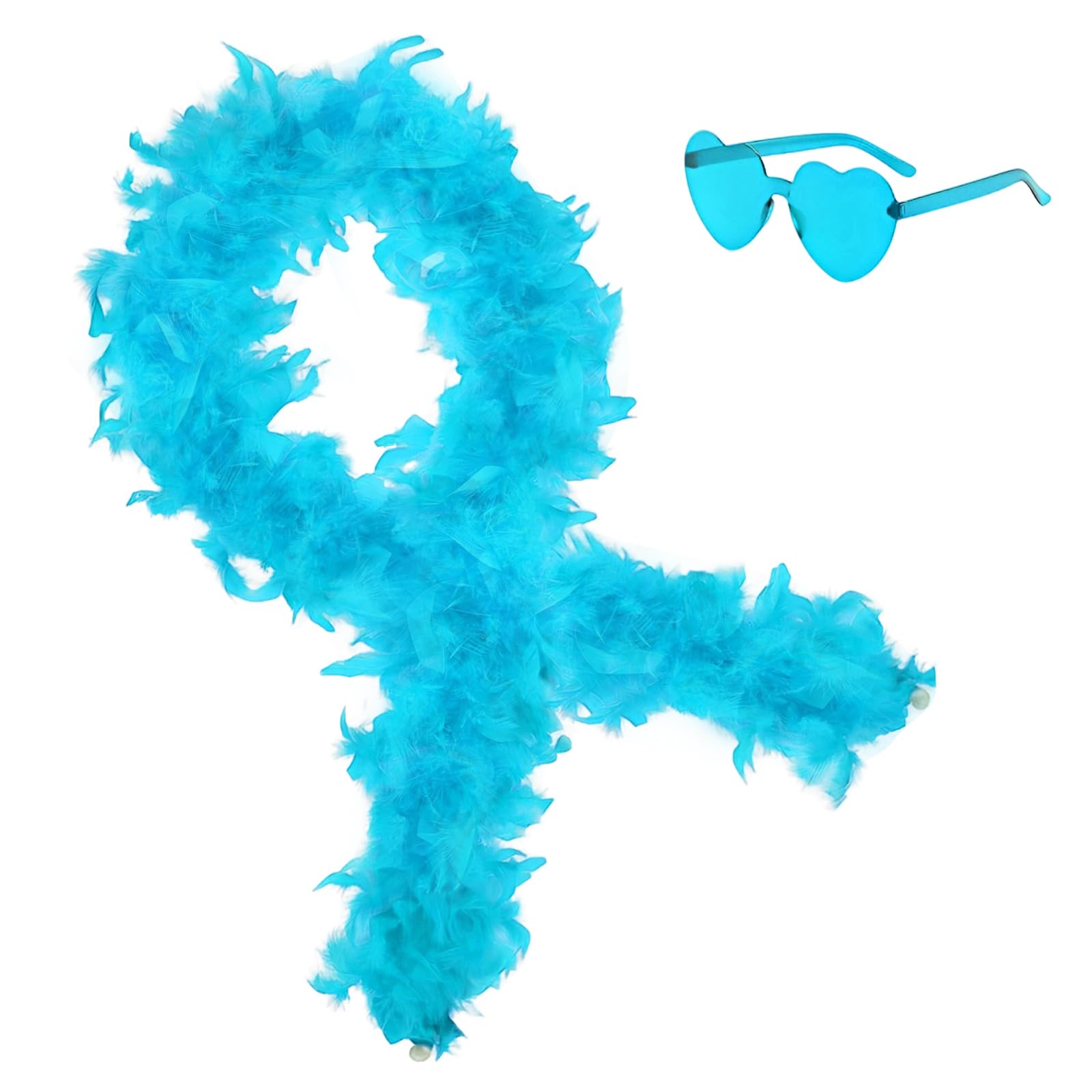 2Pcs Colorful Fancy Dress Feather Boa Set, 6.6ft Feather Boa with Heart Rimless Sunglasses for Women, Artificial Fluffy Boa Decorations wit for Dancing Wedding Party Cosplay Halloween (Lake Blue)