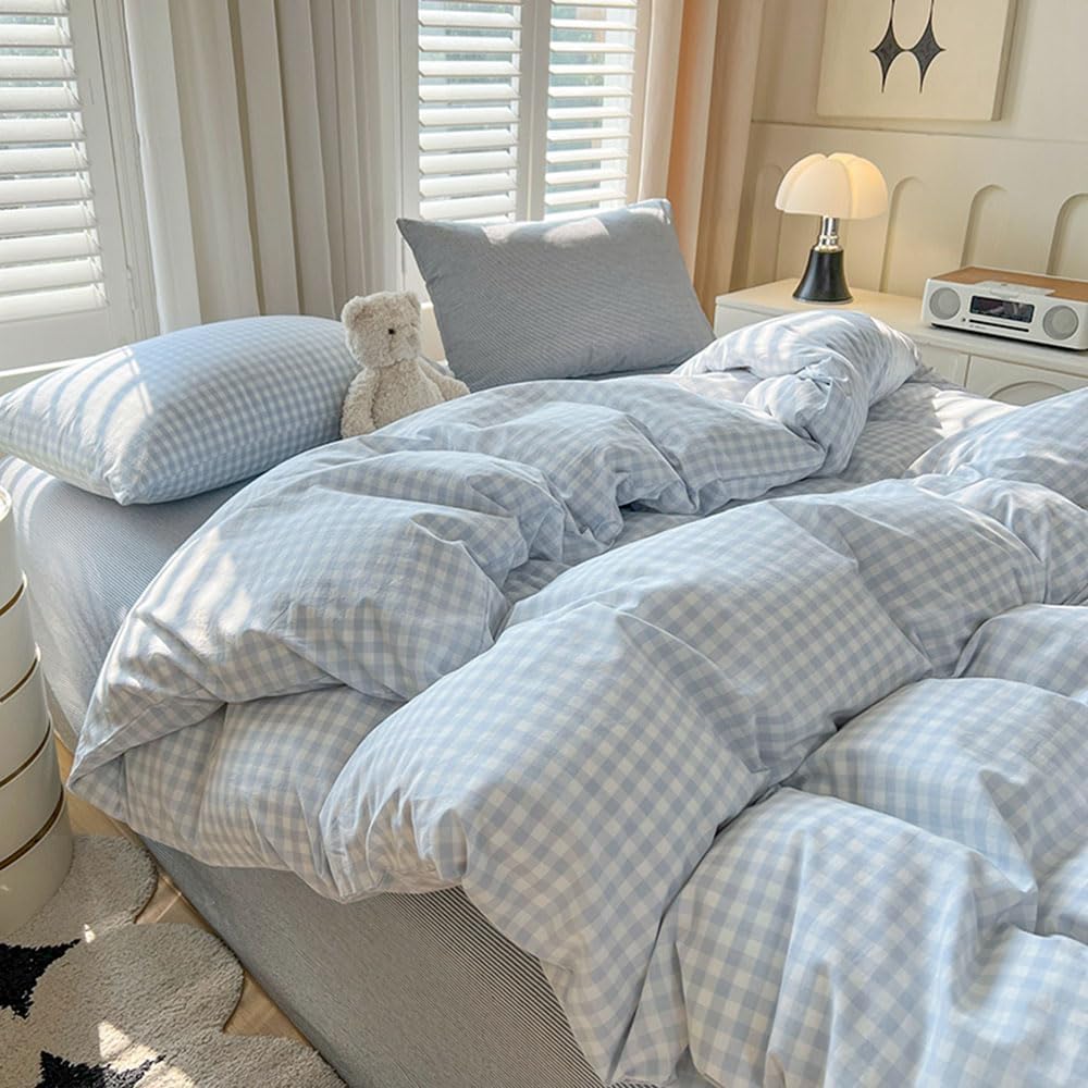 Photo 1 of Nayoroom Gingham Duvet Cover Full Size Blue White Plaid Checkered Comforter Cover 3 Pcs Soft Breathable Washed Microfiber Grid Farmhouse Bedding Set with Pillow Shams