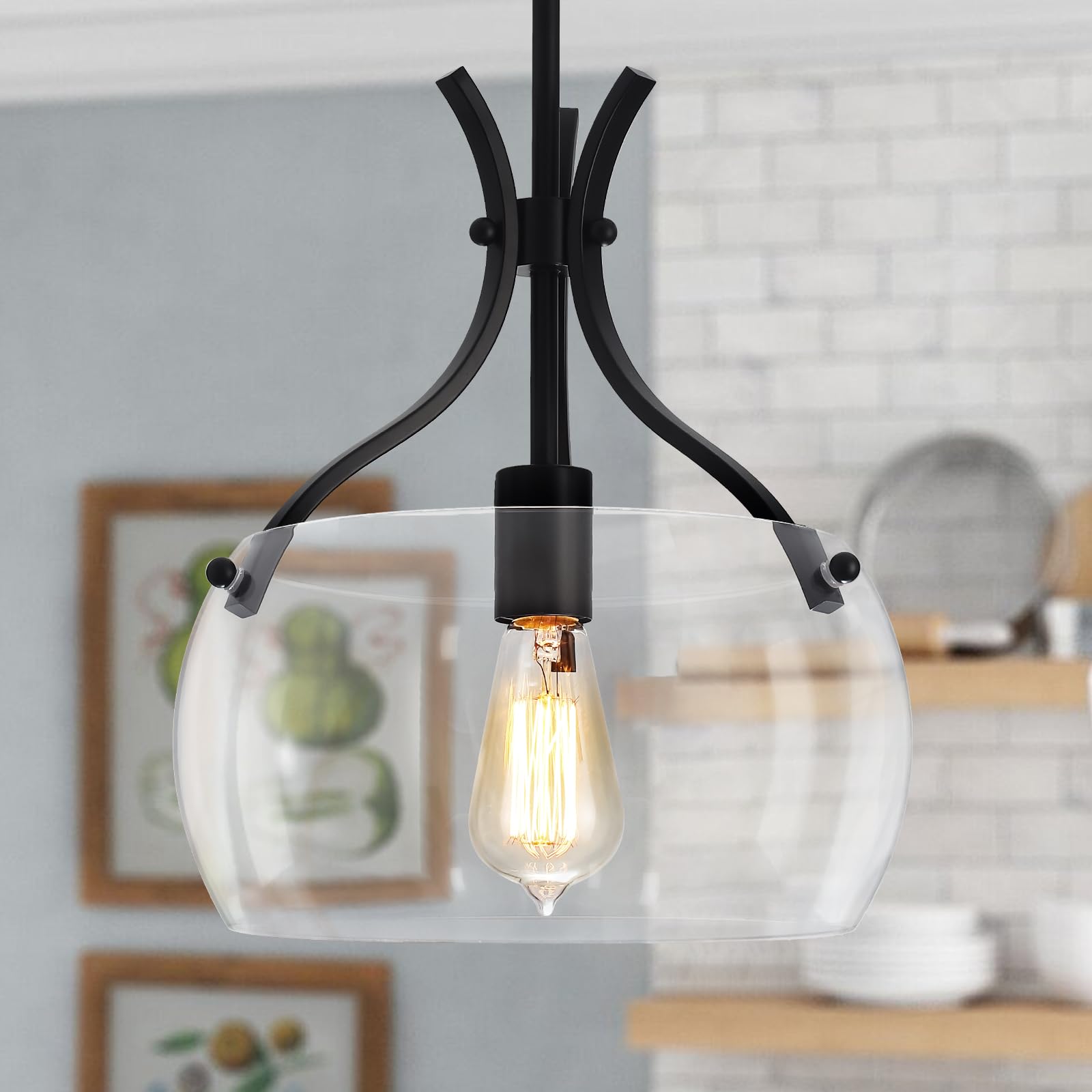 Photo 1 of NZZDYI Modern Black Glass Pendant Lights for Kitchen Island 11.8”Industrial Farmhouse Round Pendant Light Fixture with Clear Glass Shade Dining Room Bedroom Hallway Sink