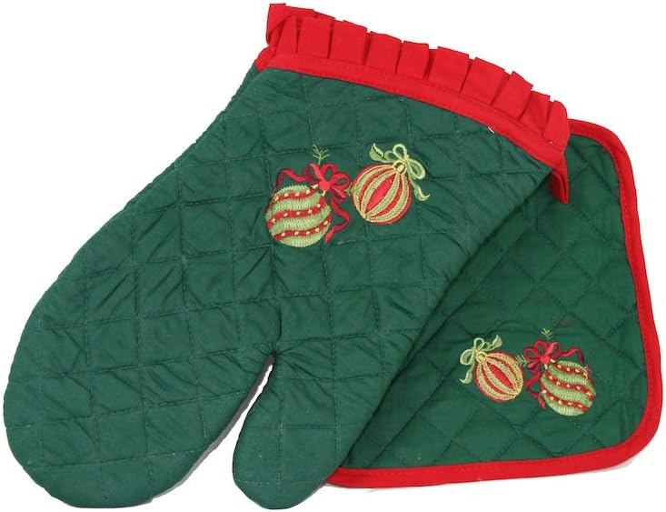 Oven Mitt & Pot Holder Set - Embroidered Holiday Ornaments