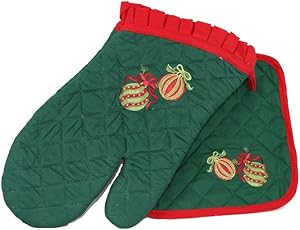 Oven Mitt & Pot Holder Set - Embroidered Holiday Ornaments