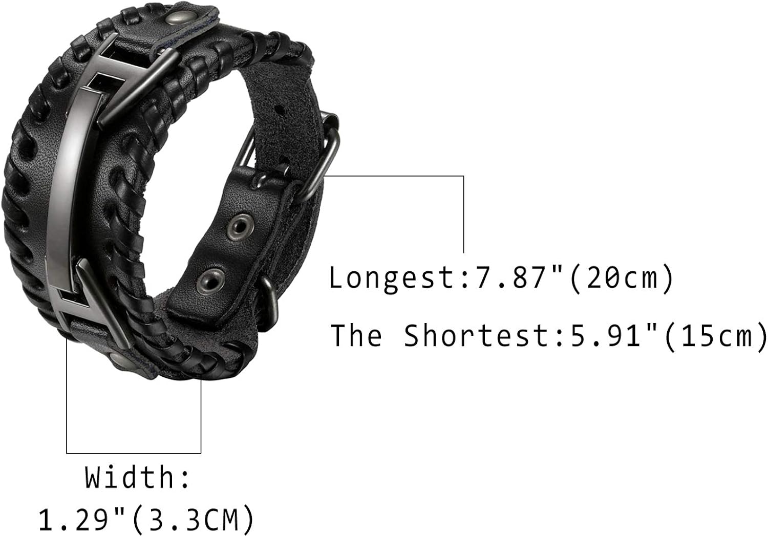 Cupimatch Men Black Adjustable Wide Leather Bracelet, Alloy Punk Braided Belt Cuff Bangle Wristband 7.8 inch for Fathers Day - Image 4
