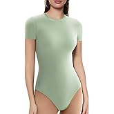 YOGINGO Womens Crew Neck Short Sleeve Bodysuits for Women Double Lined Sexy Going Out Thong Body Suits Tops Shirts Clothing Green XL