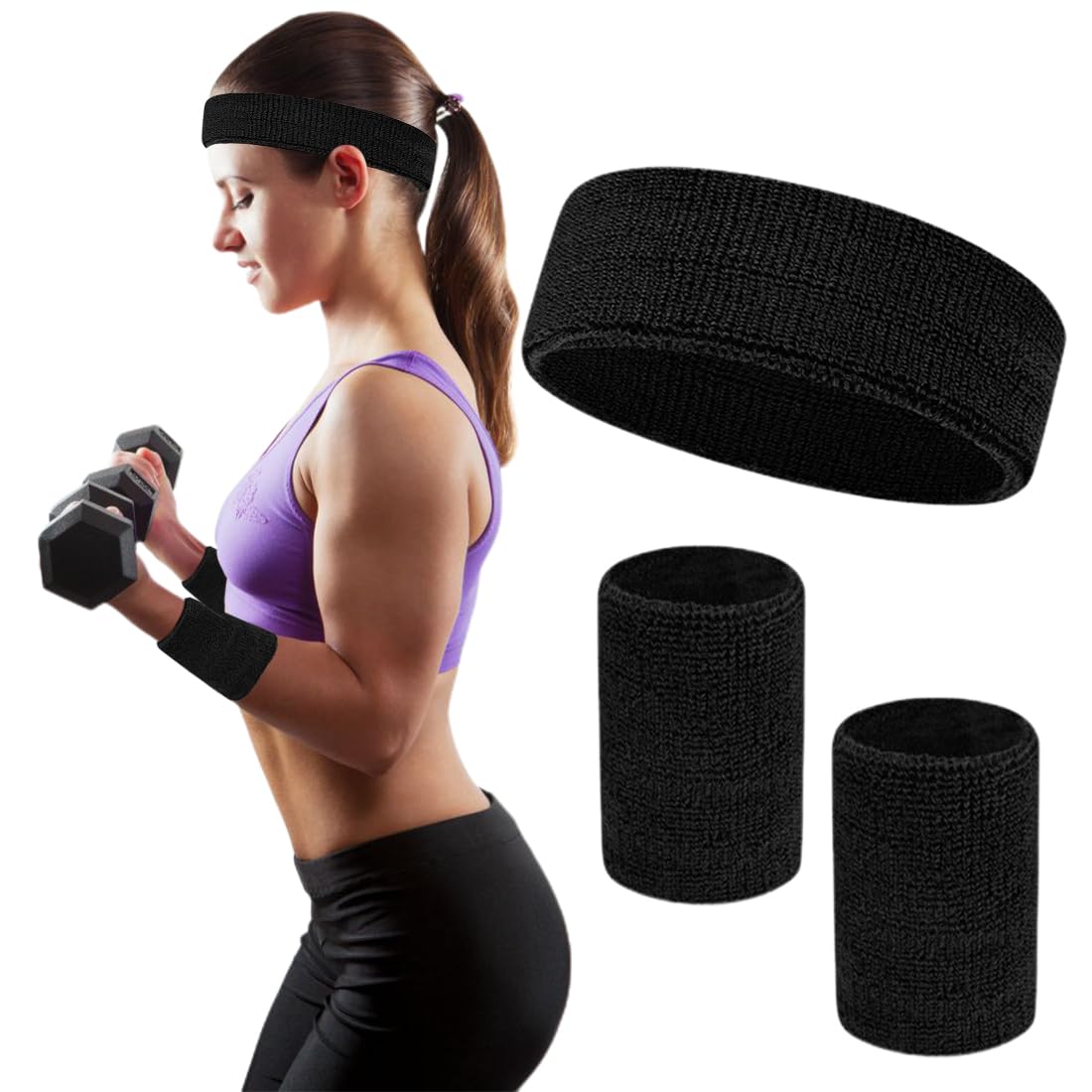 Sweatband Set Wristbands Headbands 3 Pieces Wrist Men Women Sweat Bands for Running Exercise Gym Sports Tennis Basketball Moisture Wicking