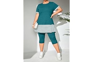 Plus Size 2-Piece Set Short-Sleeve Striped Hem Top Capri Legging Casual Comfort Outfit for Daily Lounge Wear