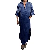 YAOHUOLE Men's Long Sleeve Kaftan Side Split Long Gown Thobe Hooded Men Caftan
