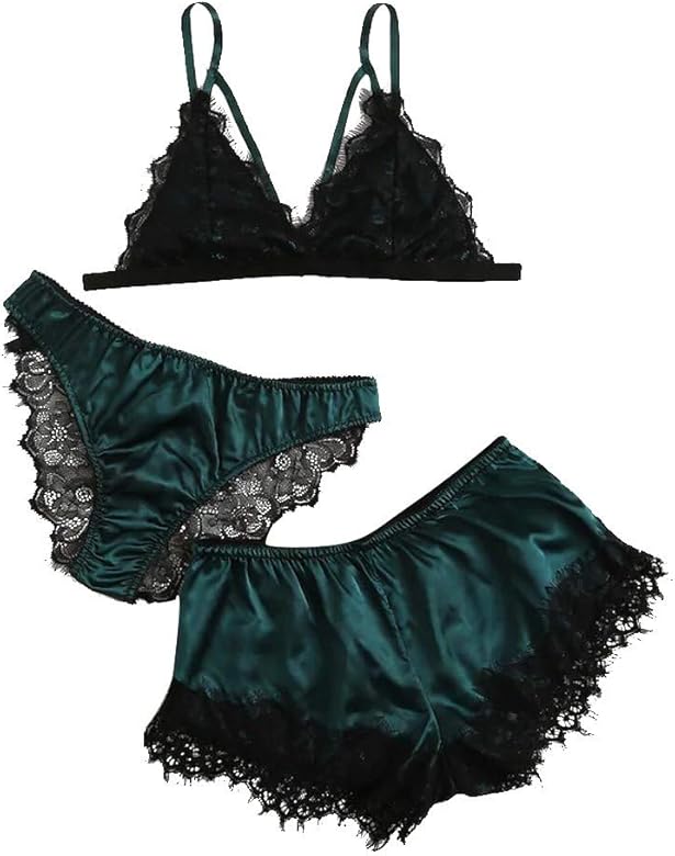 MYONA 3 Piezas Camisón Mujer Seda, Camison Sexy Satén Camisón de Encaje Ropa de Dormir Lenceria Pijamas Ropa Interior Lencería Erotica de Mujer Femenina Seductor Tentación + Shorts Y Panty: Amazon.es: Ropa
