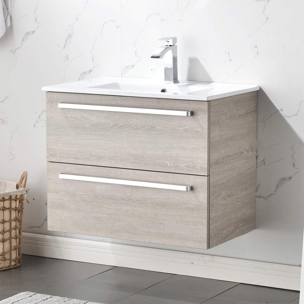 VCCUCINE Modern 29" Grey 2 Drawers Floating Wall Mounted Bathroom Vanity, Storage Cabinet with White Ceramic Vessel Basin Top Vanity Sink Combo