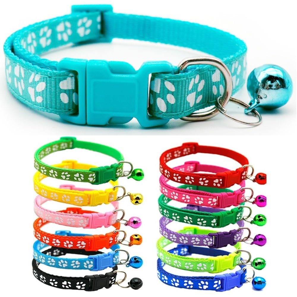 Small Dog Puppy Pet Collar Pawprint Design with Bell Nylon Adjustable Size 19-32cm Aqua Blue Turquoise