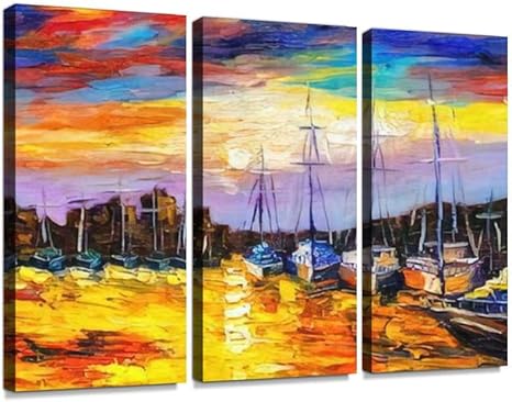 Amazon Com Oil Painting Fishing Village 3 Panels Canvas Print Wall Art Painting Modern Home Decorations Posters Prints