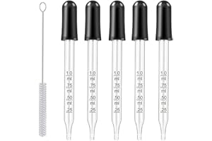 UPTUOLI Eye Droppers for Essential Oils, Pipettes Dropper with Black Rubber Head, Calibrated Thick Glass Medicine Dropping Pipettes, 1ml Droppers Measurer, Dropper for Liquids, Straight-Tip, 5 Packs