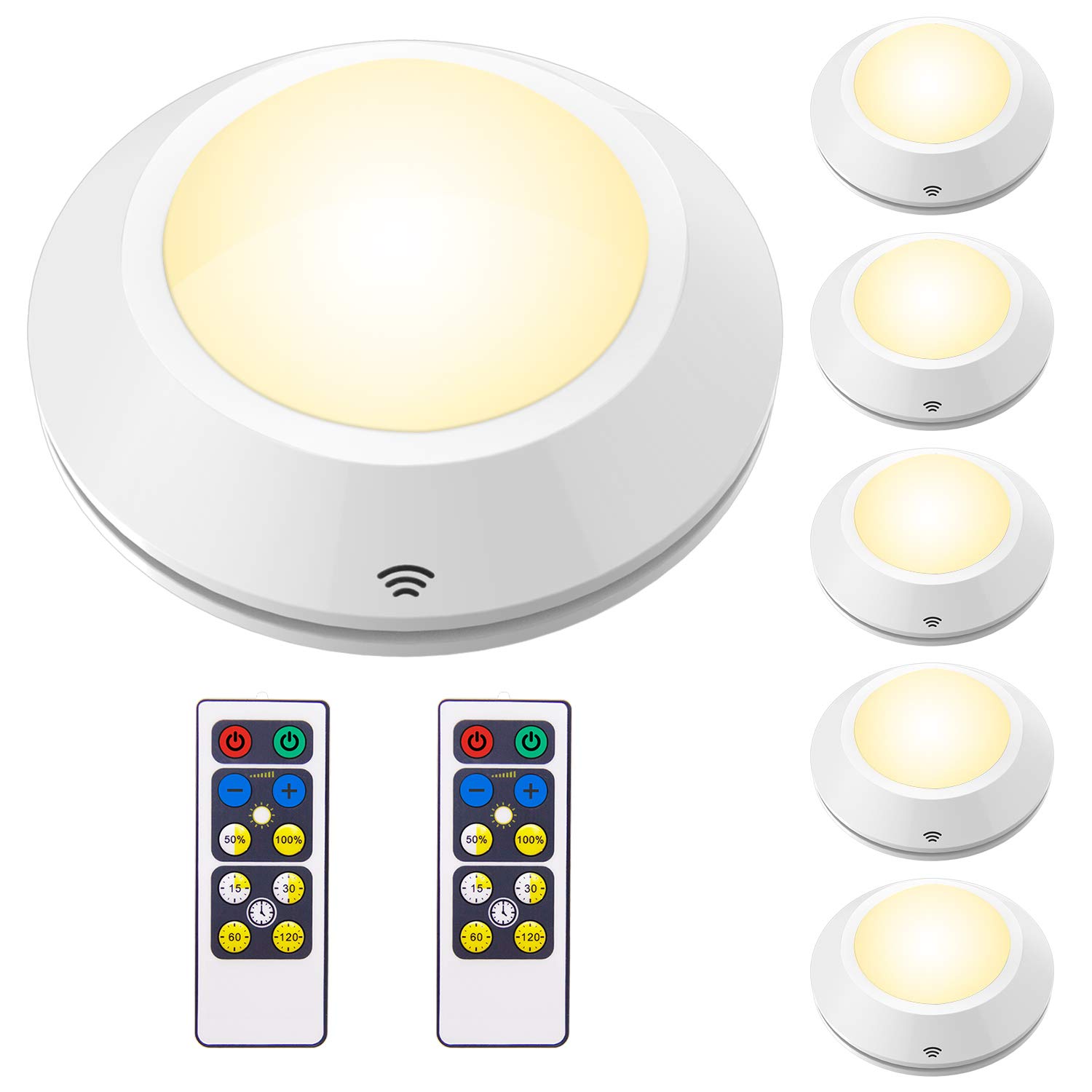 HONWELL Puck Lights with 2 Remote, Battery Powered Lights, Wireless Closet Lights, LED Under Cabinet Kitchen Lighting, Under Counter Lighting, Touch Light, Stick Up Lights, Under Shelf Lighting(6Pack)