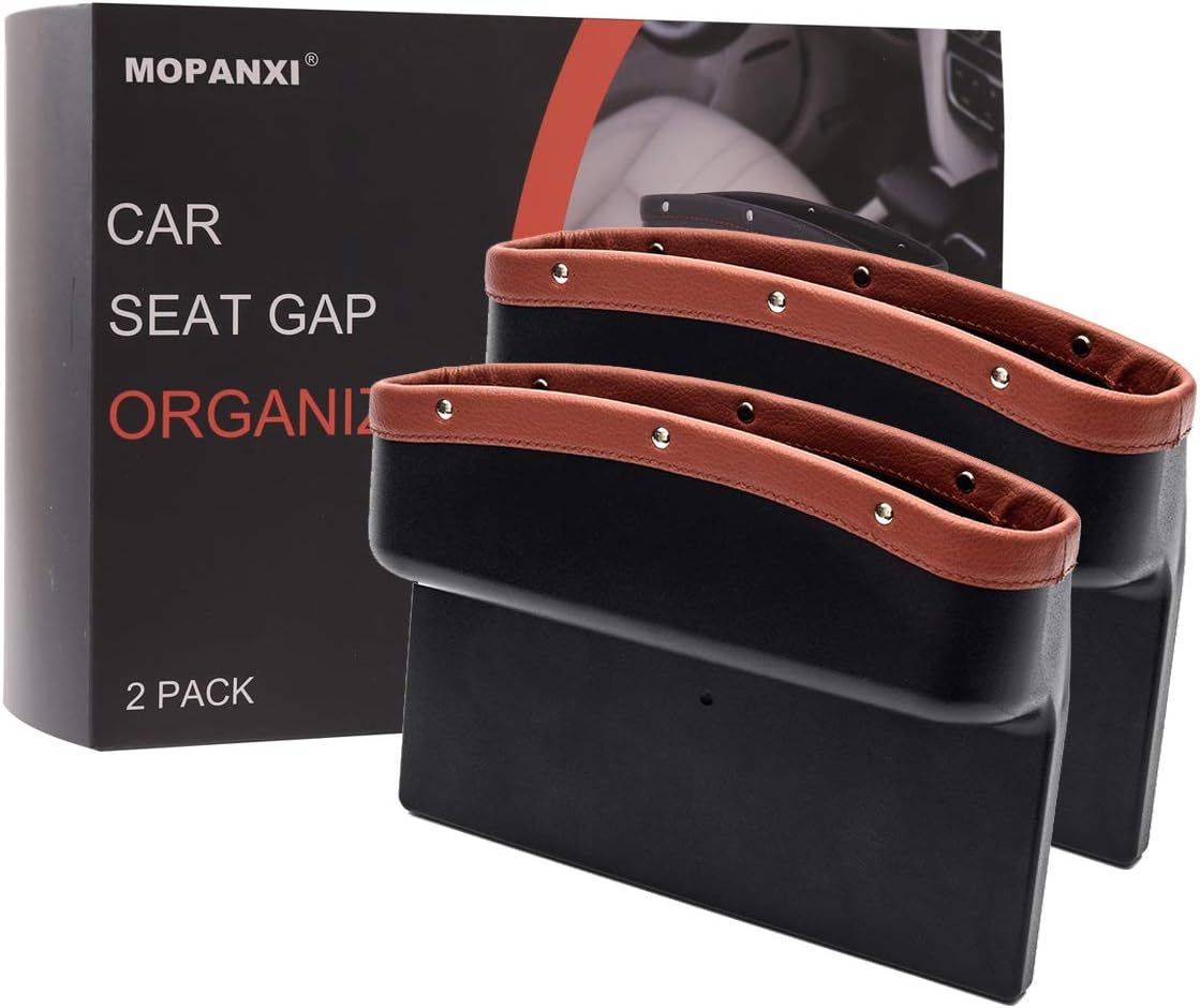 MOPANXI Car Seat Pockets PU Leather Car Console Side Organizer Seat Gap Filler Catch Caddy with Non -Slip Mat 9.2x6.5x2.1 inch Brown (2 Pack)