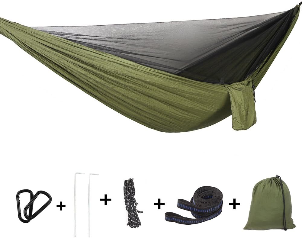 Bwiv Outdoor Hammock With Mosquito Net Ultralight and Portable Supports Up To 440LBS Double Parachute Camping Hammocks With Tree Straps For Hiking Backpacking Travel Beach Yard 114''x 55''