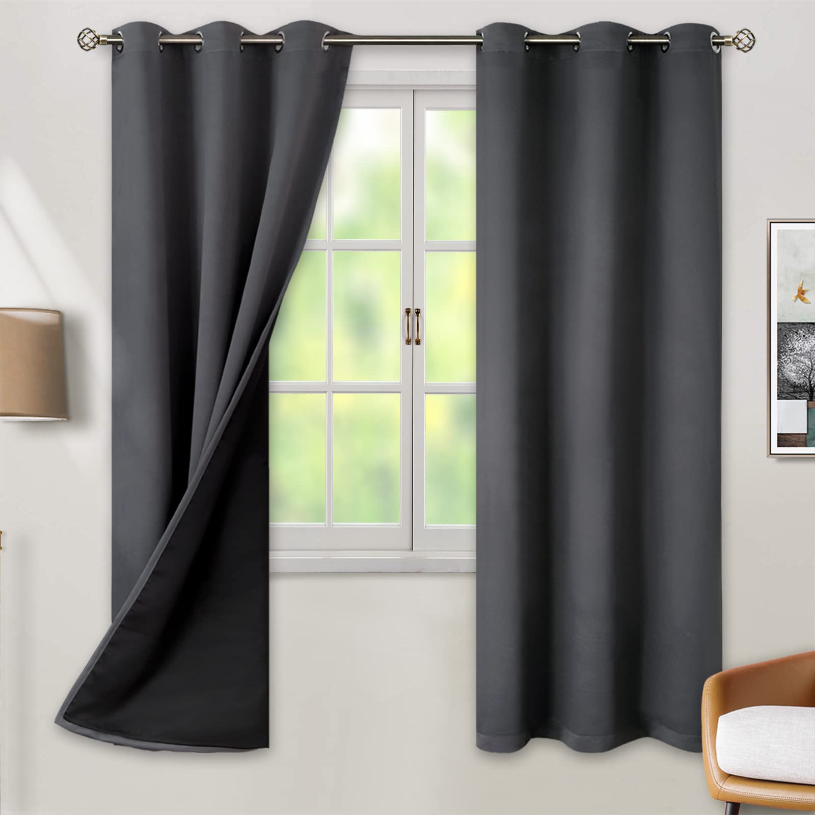 Photo 1 of BGment Thermal Insulated 100% Blackout Curtains for Bedroom with Black Liner, Double Layer Full Room Darkening Noise Reducing Grommet Curtain (42 x 72 Inch, Dark Grey, 2 Panels)