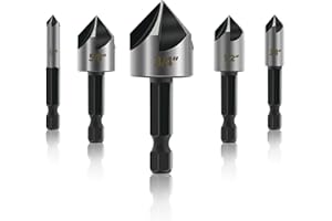 GMTOOLS 5PCS Countersink Drill Bit Set, High Speed Steel Countersink Bits, 82 Degree 5 Flute Pieces, 1/4 Inch Hex Shank, Fit for Sink Holes into Metals, Wood, Plywood, Plastic