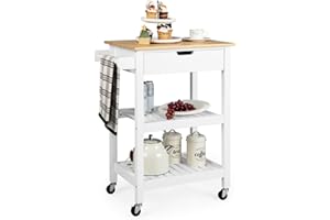 SILKYDRY Rolling Kitchen Island, Bamboo Island Cart with Drawer, 2 Open Shelves, Towel Handle, Mobile Butcher Block Food Prepping Trolley Cart on Wheels for Dining Room, Living Room (White)
