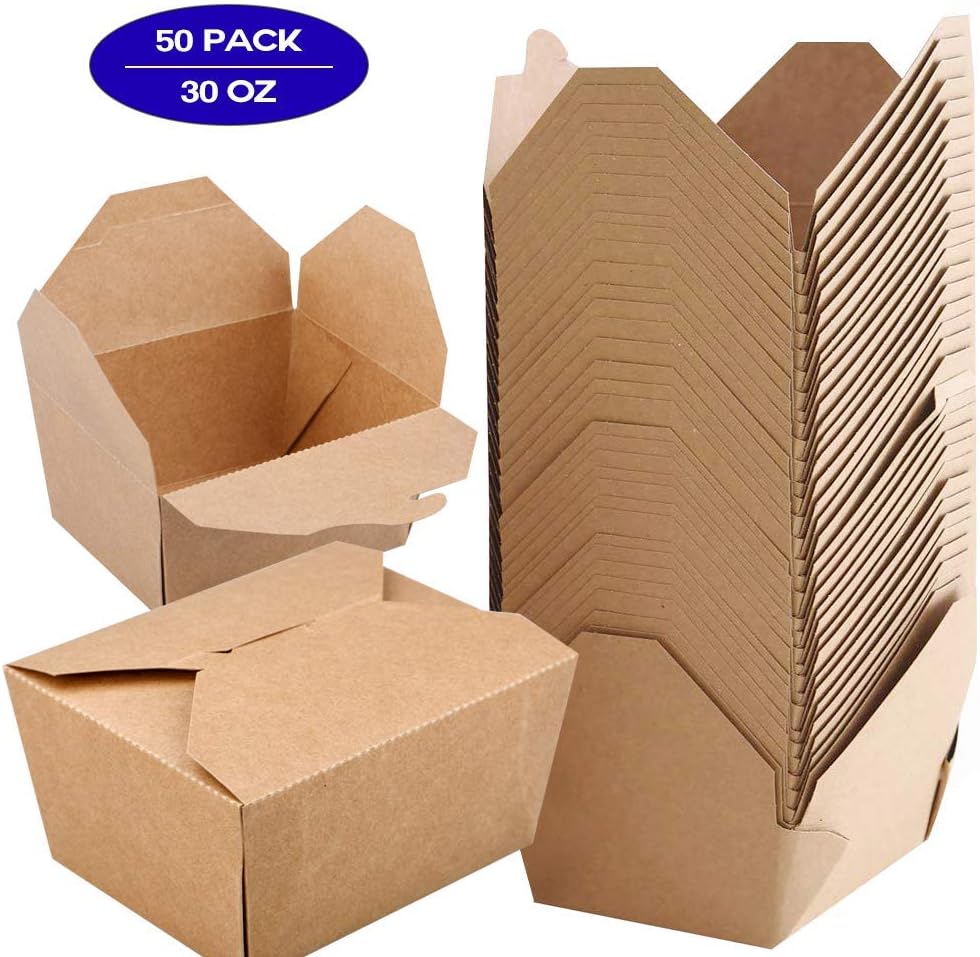 Take Out Food Boxes 30oz,Microwavable Kraft Brown Take Out Containers (50 Pack) Recyclable and Stackable Lunch Box,Ideal Leak and Grease Resistant for Restaurants or Party Favors