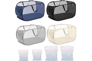 4Pcs Pop Up Laundry Hamper, FHDUSRYO Mesh Foldable Hamper with 4 Wash Bags, Collapsible Laundry Basket with Side Pocket Carry