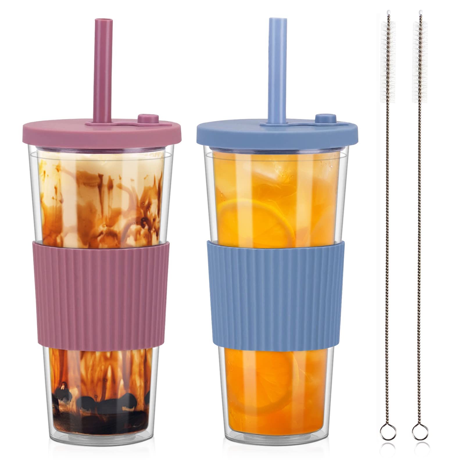 ZgoEC 2 Pack Reusable Bubble Tea Cup with Lids and Straw, 730ml/24oz Clear Iced Coffee Tumbler, Leakproof Smoothie Tumbler Plastic Drinking Cups, Double Wall Bubble Tea Cup with Wide Straw for Drinks