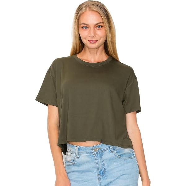 Knit Riot Women's Crop Top - Boxy Crewneck Short Sleeve Tee, Casual & Workout Cropped Shirt, Poly Spandex Blend - View #2