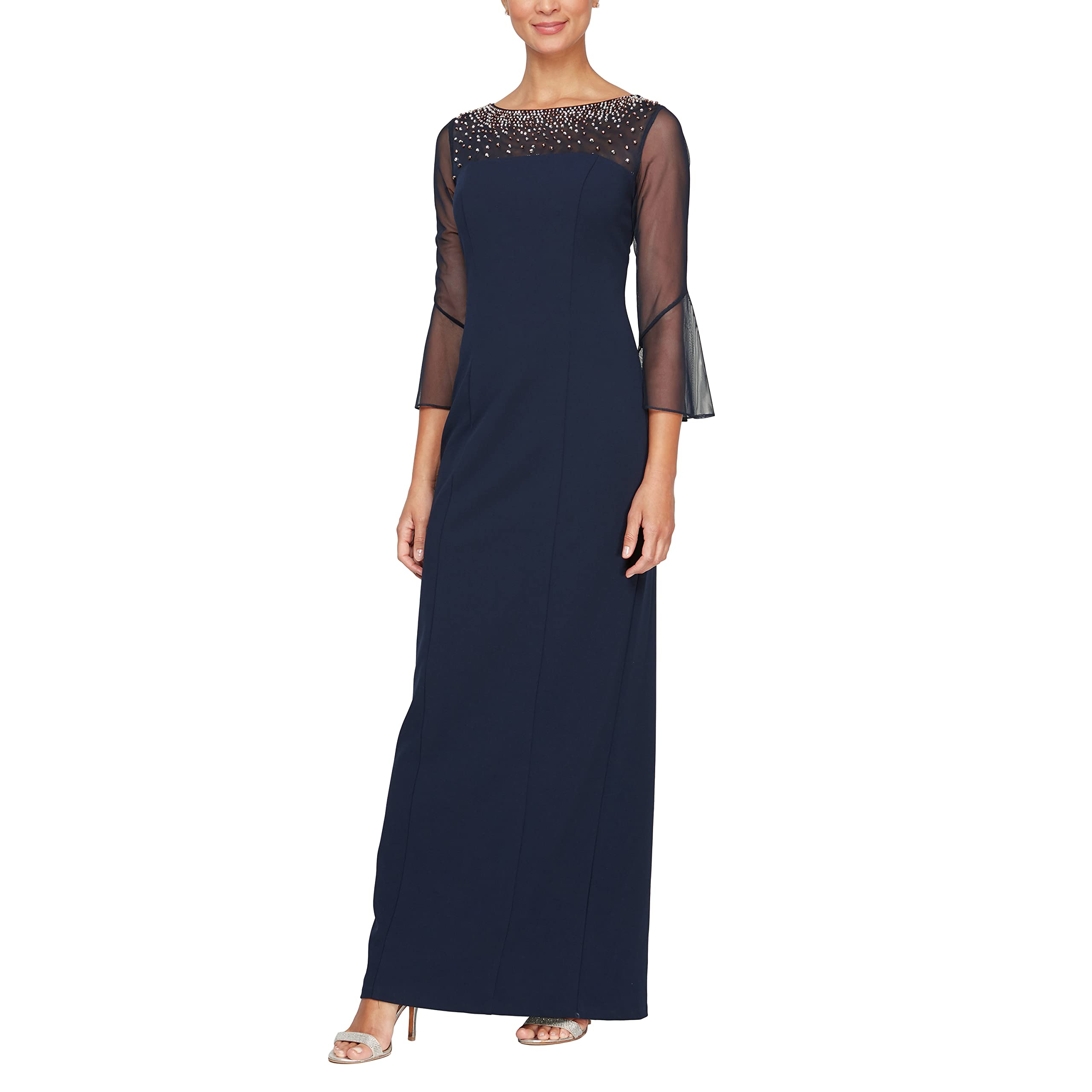 Photo 1 of Alex Evenings Women's Long Shift Dress with Illusion Neckline (Petite and Regular Sizes), Navy and Silver, 8