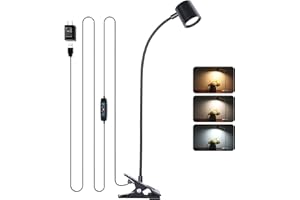 Dott Arts Desk Lamp,USB Clip On Light with 3 Color Modes,LED 10 Levels Brightness Reading Light, 360°Gooseneck Book Light,Eye-Care Reading Lamp for Home Office,Headboards.Adapter Included