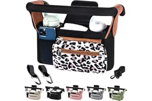 KLERICER Baby Stroller Organizer, Universal Stroller Organizer with Detachable Phone Bag, Stroller Caddy with 2 Insulated Cup Holders, Buggy Organizer Bag with 2 Hooks Fits Most Strollers (Leopard)