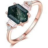 Angol Natural Moss Agate Ring 925 Sterling Silver Engagement Promise Rings for Women Birthday Mother's Day Jewelry Gift (8, Rose Gold)