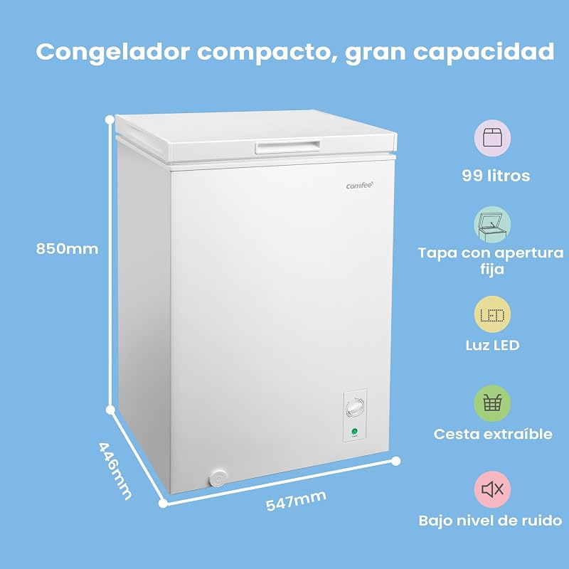 COMFEE' RCC102WH2EU(E) Congelador de peito autónomo 99L, descapotável em congelador/frigorífico, inversor, classificação de 4 estrelas, adequado para garagens, branco [Classe energética E]
